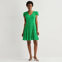 Jessica Howard Womens V Neck Short Sleeve Cap Fit + Flare Dress