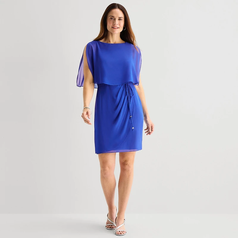 Jessica Howard Womens Boat Neck Sleeveless Overlay Belted Shift Dress