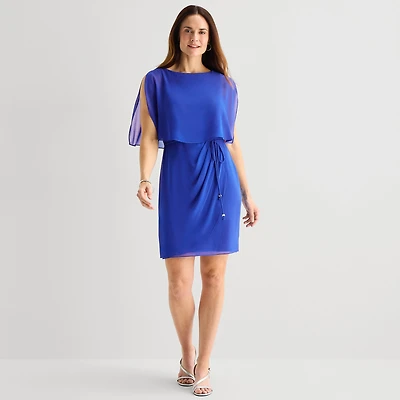 Jessica Howard Womens Boat Neck Sleeveless Overlay Belted Shift Dress