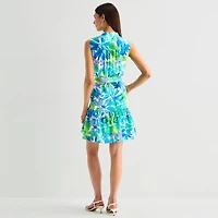 Jessica Howard Womens V Neck Sleeveless Floral Fit + Flare Dress