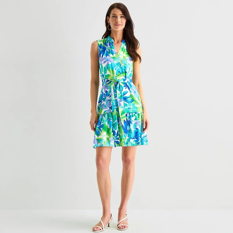 Jessica Howard Womens V Neck Sleeveless Floral Fit + Flare Dress