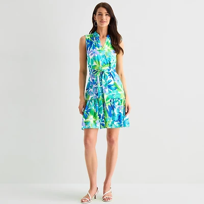 Jessica Howard Womens V Neck Sleeveless Floral Fit + Flare Dress