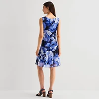 Connected Apparel Womens V Neck Sleeveless Floral Fit + Flare Dress