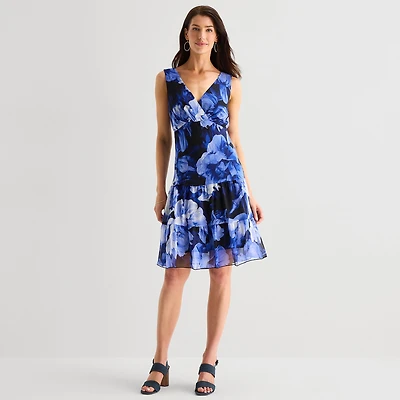 Connected Apparel Womens V Neck Sleeveless Floral Fit + Flare Dress