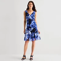 Connected Apparel Womens V Neck Sleeveless Floral Fit + Flare Dress