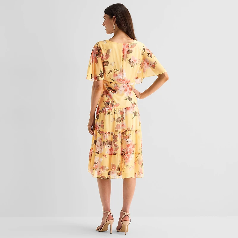 Connected Apparel Womens V Neck Short Sleeve Flutter Floral Fit + Flare Dress