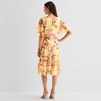 Connected Apparel Womens V Neck Short Sleeve Flutter Floral Fit + Flare Dress