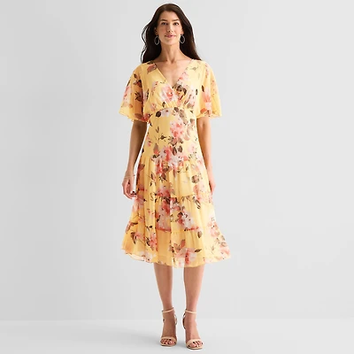 Connected Apparel Womens V Neck Short Sleeve Flutter Floral Fit + Flare Dress