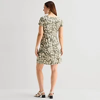 Connected Apparel Womens Round Neck Short Sleeve Fitted Floral Fit + Flare Dress