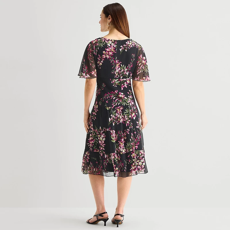 Connected Apparel Womens V Neck Short Sleeve Flutter Floral Fit + Flare Dress