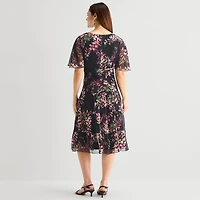 Connected Apparel Womens V Neck Short Sleeve Flutter Floral Fit + Flare Dress