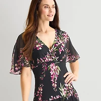 Connected Apparel Womens V Neck Short Sleeve Flutter Floral Fit + Flare Dress