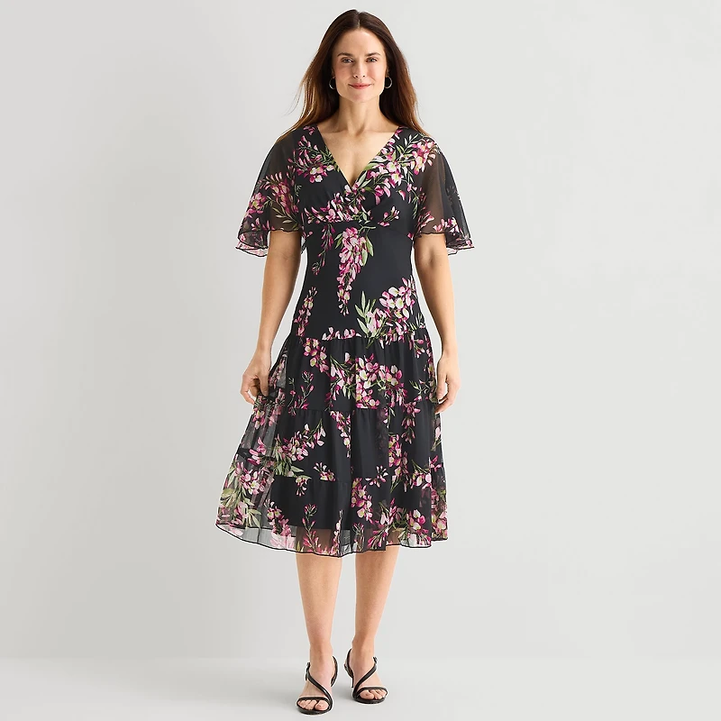 Connected Apparel Womens V Neck Short Sleeve Flutter Floral Fit + Flare Dress