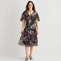Connected Apparel Womens V Neck Short Sleeve Flutter Floral Fit + Flare Dress