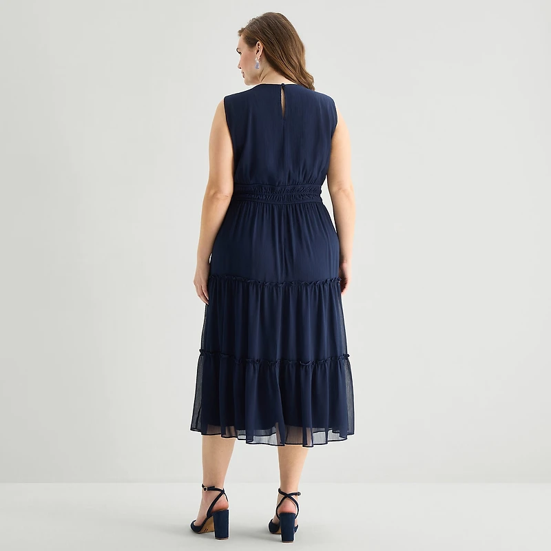 Danny & Nicole Womens Plus Midi V Neck Sleeveless Fit + Flare Dress