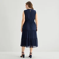 Danny & Nicole Womens Plus Midi V Neck Sleeveless Fit + Flare Dress