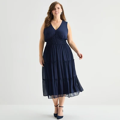 Danny & Nicole Womens Plus Midi V Neck Sleeveless Fit + Flare Dress