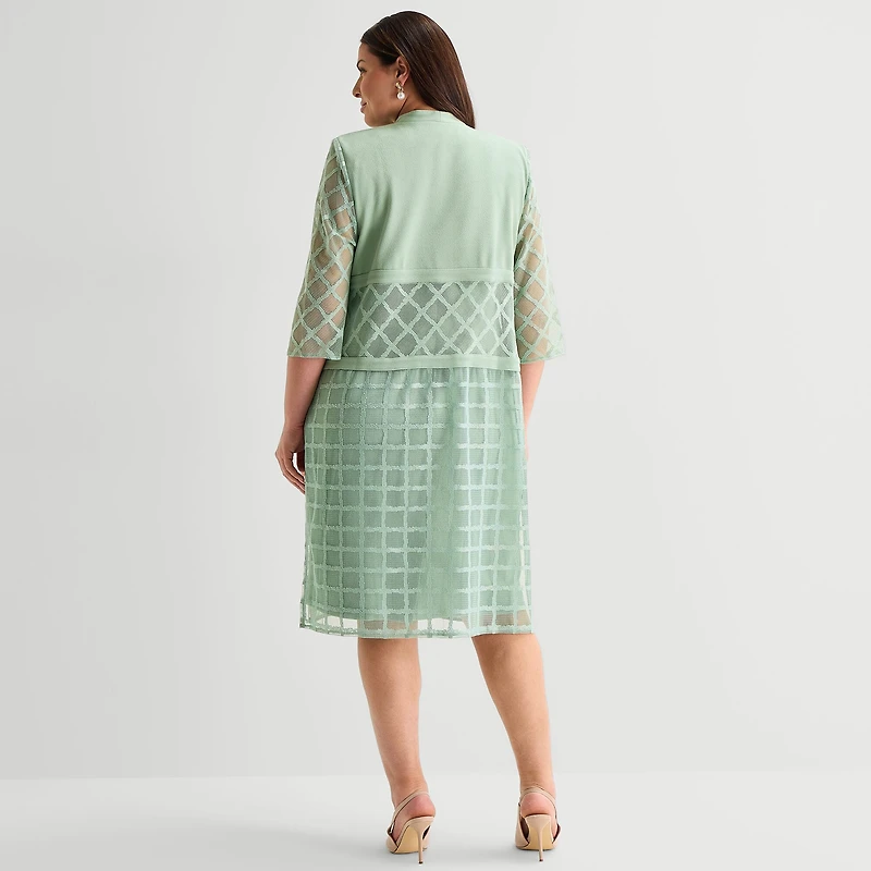 Maya Brooke Womens Plus Midi Windowpane Jacket Dress