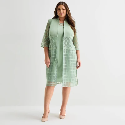 Maya Brooke Womens Plus Midi Windowpane Jacket Dress