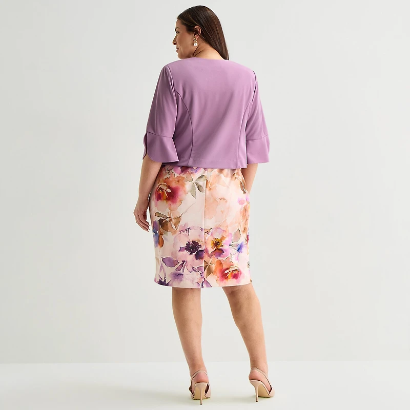 Maya Brooke Womens Plus Midi Floral Jacket Dress