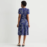 Robbie Bee Womens Petite Midi Split Crew Neck Short Sleeve Puffed Floral Fit + Flare Dress