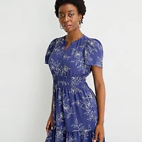Robbie Bee Womens Petite Midi Split Crew Neck Short Sleeve Puffed Floral Fit + Flare Dress