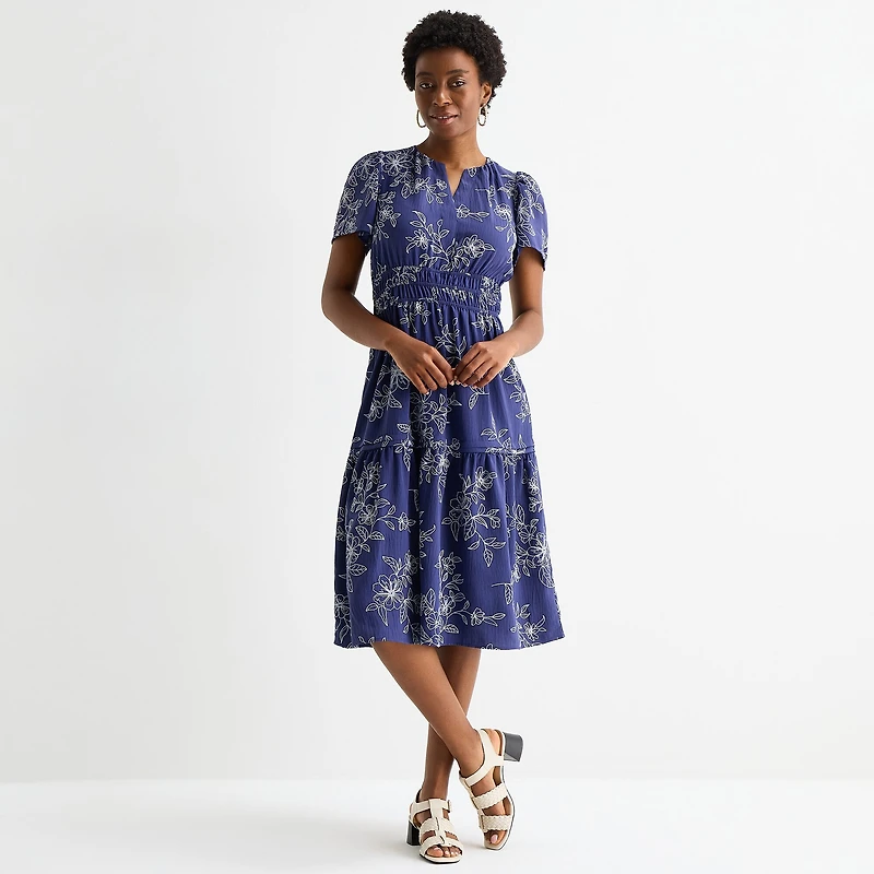 Robbie Bee Womens Petite Midi Split Crew Neck Short Sleeve Puffed Floral Fit + Flare Dress