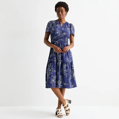 Robbie Bee Womens Petite Midi Split Crew Neck Short Sleeve Puffed Floral Fit + Flare Dress