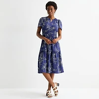 Robbie Bee Womens Petite Midi Split Crew Neck Short Sleeve Puffed Floral Fit + Flare Dress