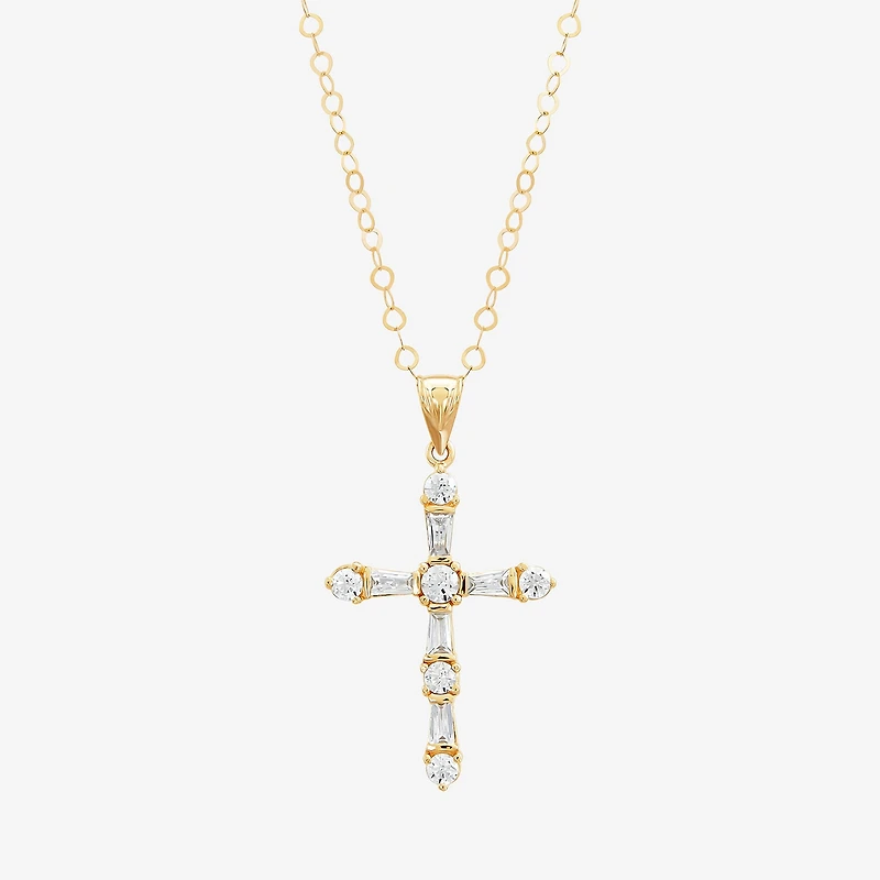 Womens White Cubic Zirconia 10K Gold Cross 18 Inch Pendant Necklace