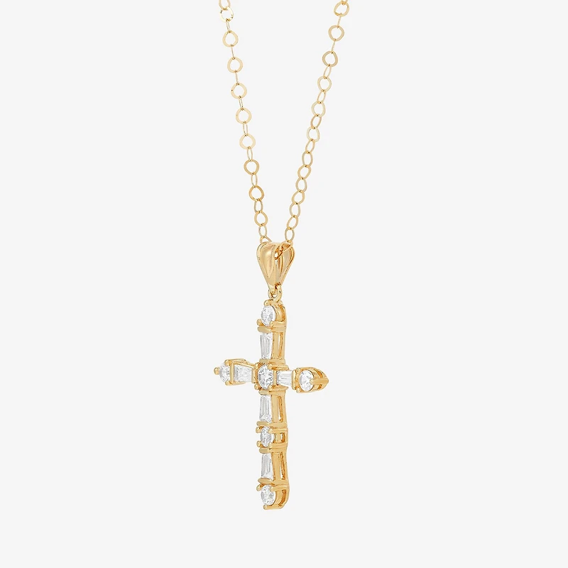 Womens White Cubic Zirconia 10K Gold Cross 18 Inch Pendant Necklace