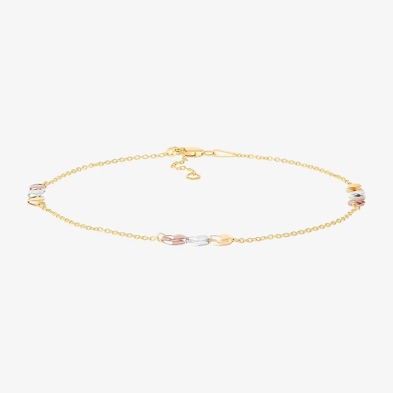 Womens 10K Tri-Color Gold 10 Inch Hollow Cable Ankle Bracelet