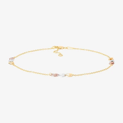 Womens 10K Tri-Color Gold 10 Inch Hollow Cable Ankle Bracelet