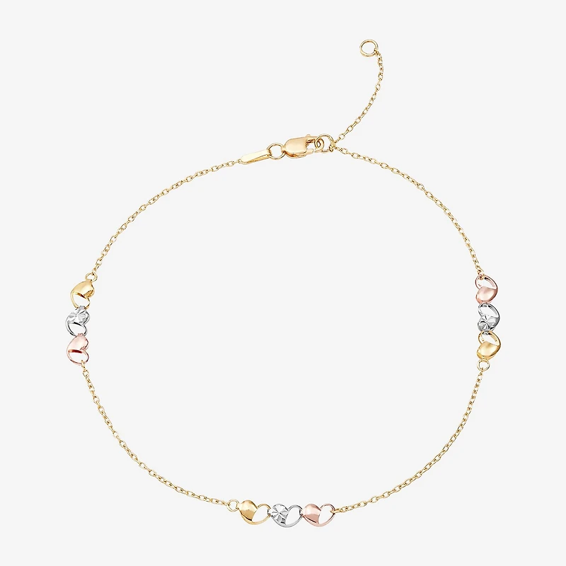 Womens 10K Tri-Color Gold 10 Inch Hollow Cable Ankle Bracelet