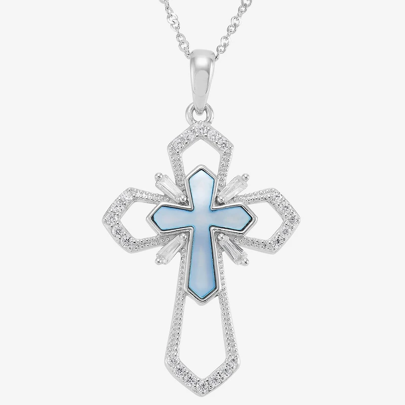 Cross Womens White Cubic Zirconia Sterling Silver Cross 18 Inch Pendant Necklace