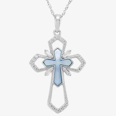 Cross Womens White Cubic Zirconia Sterling Silver Cross 18 Inch Pendant Necklace