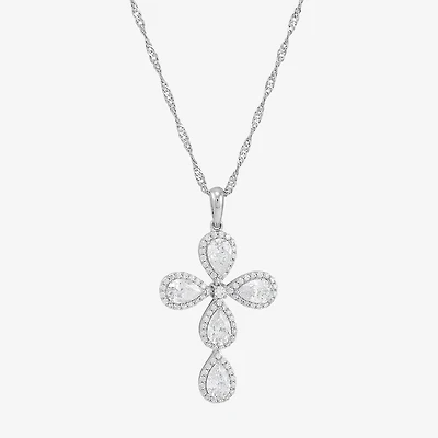 Cross Womens White Cubic Zirconia Sterling Silver Cross 18 Inch Pendant Necklace
