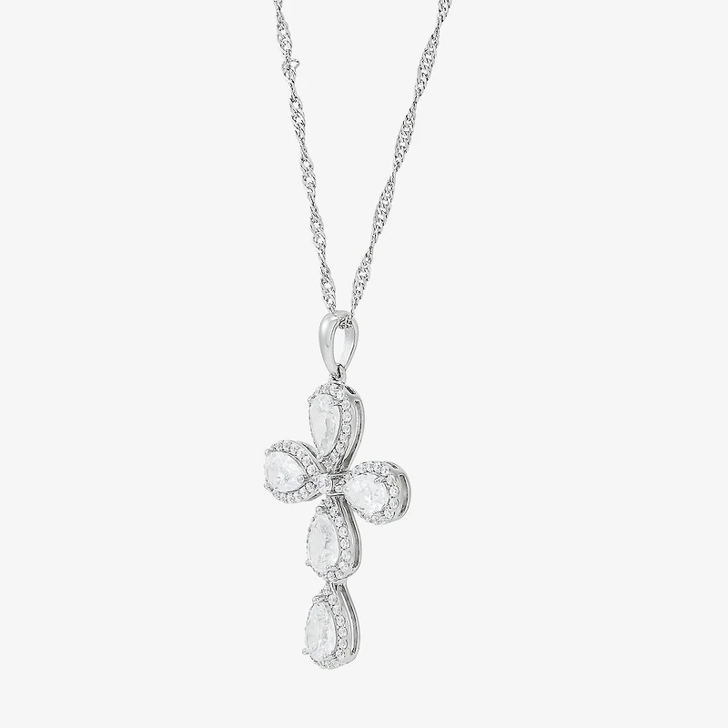 Cross Womens White Cubic Zirconia Sterling Silver Cross 18 Inch Pendant Necklace