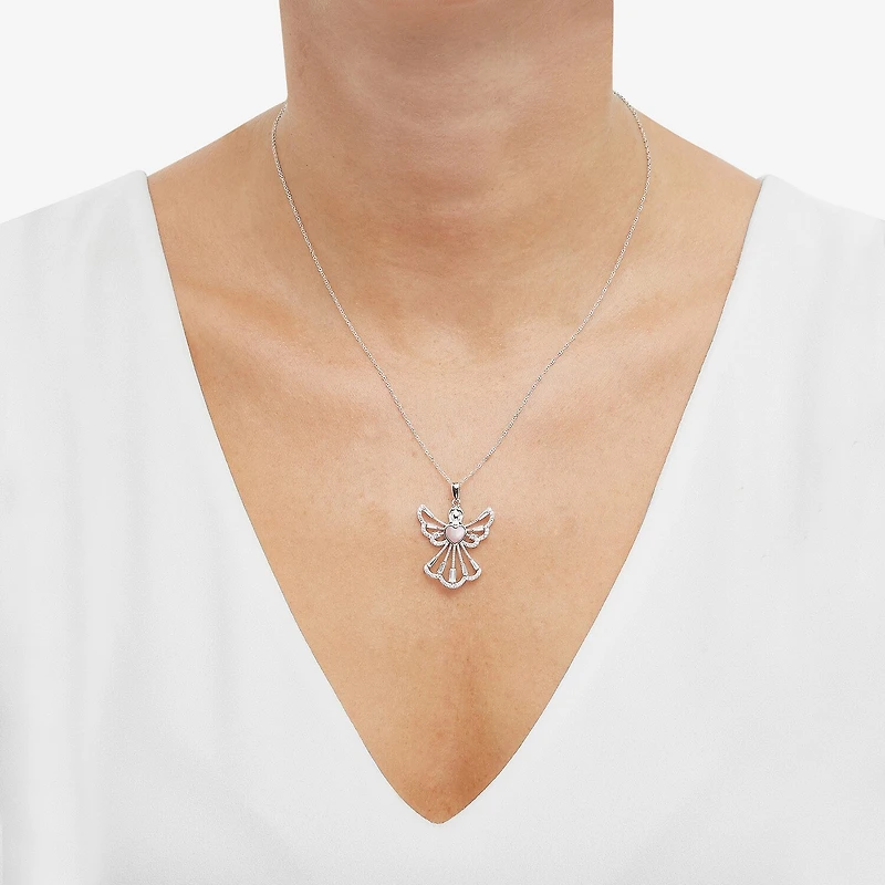 Womens White Cubic Zirconia Sterling Silver Angel 18 Inch Pendant Necklace
