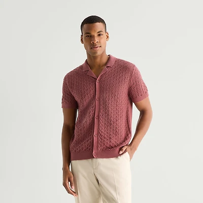 J. Ferrar Button Front Mens Short Sleeve Polo Sweater