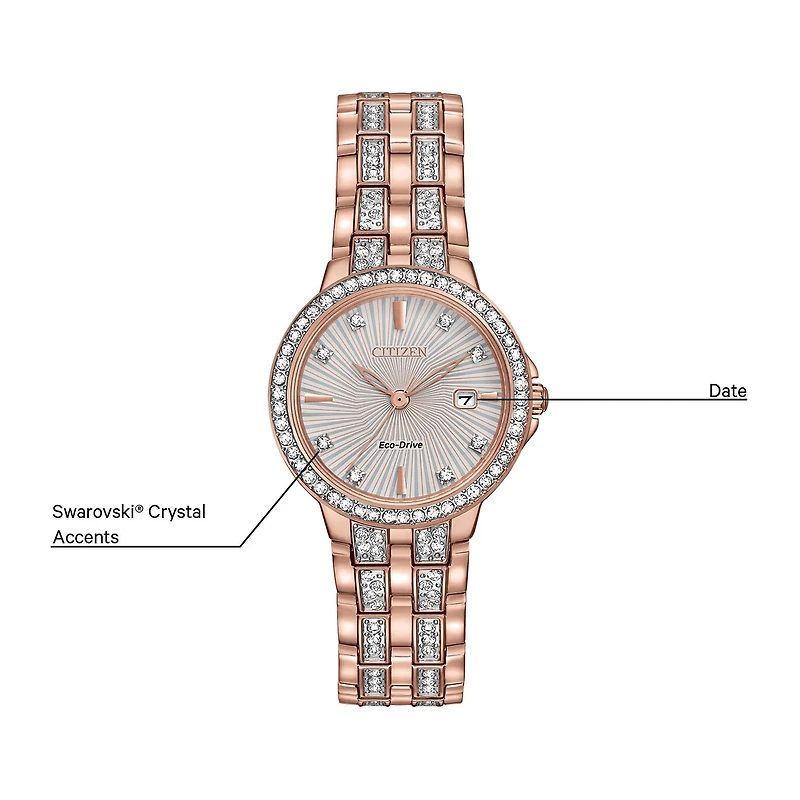 Citizen Silhouette Crystal Womens Crystal Accent Rose Goldtone Stainless Steel Bracelet Watch Ew2348-56a