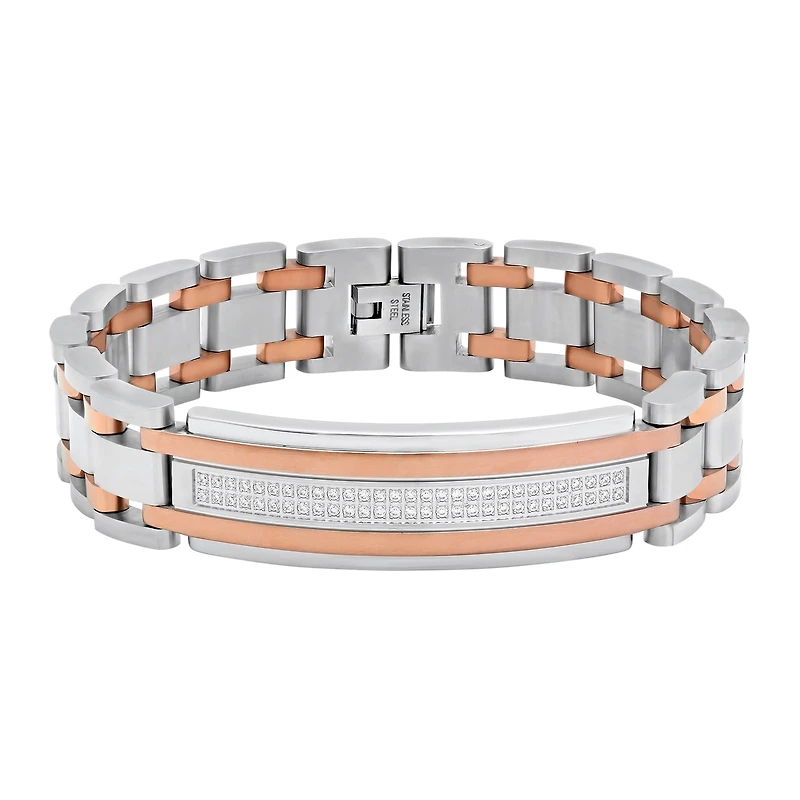 Mens Cubic Zirconia Two Tone Stainless Steel ID Bracelet