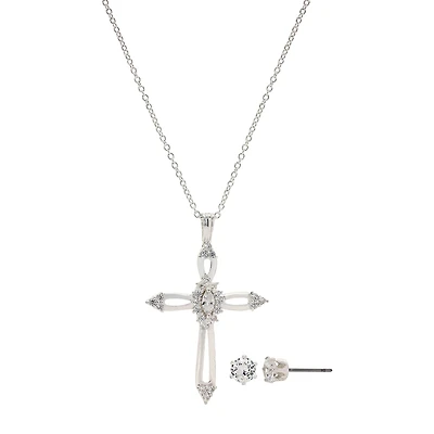 Sparkle Allure Womens White Cubic Zirconia Pure Silver Over Brass Cross 2-pc. Jewelry Set