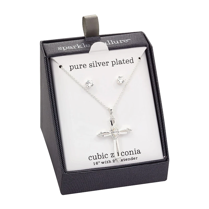 Sparkle Allure Womens White Cubic Zirconia Pure Silver Over Brass Cross 2-pc. Jewelry Set