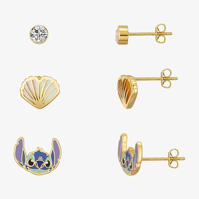 Disney Classics Seashell Womens Cubic Zirconia 10K Gold Over Brass Lilo & Stitch 3 Pair Earring Set