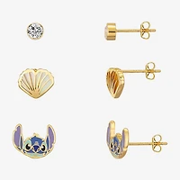 Disney Classics Seashell Womens Cubic Zirconia 10K Gold Over Brass Lilo & Stitch 3 Pair Earring Set