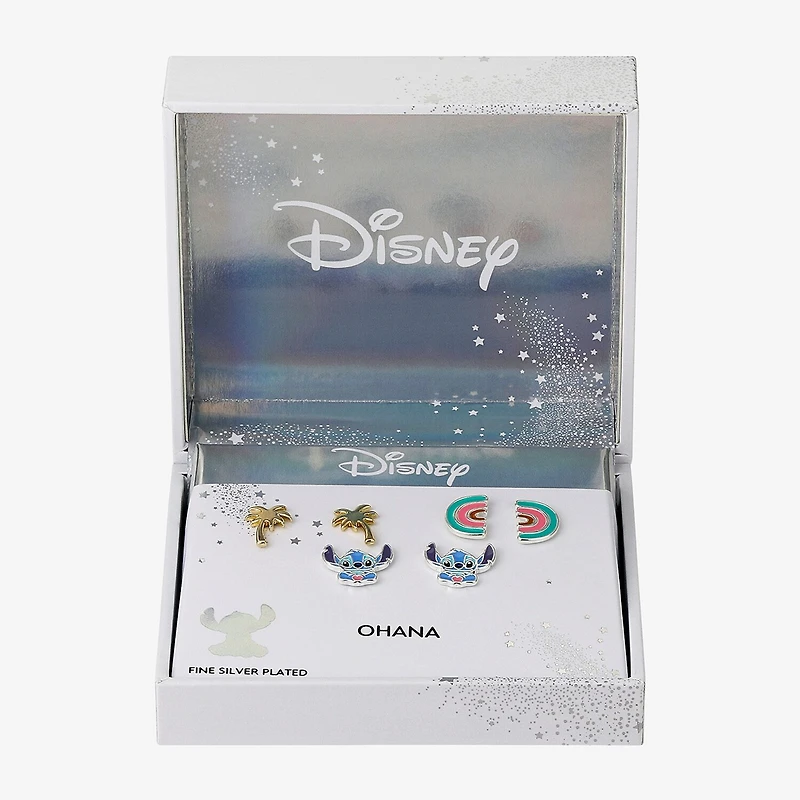 Disney Classics Palm Tree And Rainbow Womens 10K Gold Over Brass Lilo & Stitch 3 Pair Earring Set