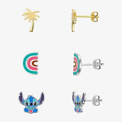 Disney Classics Palm Tree And Rainbow Womens 10K Gold Over Brass Lilo & Stitch 3 Pair Earring Set