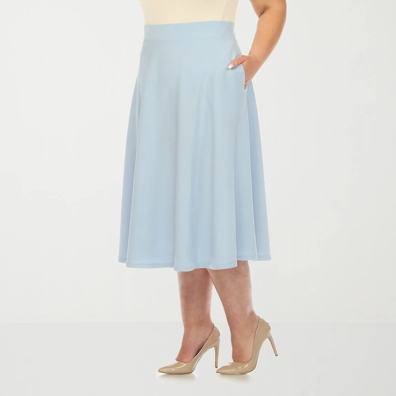 White Mark Womens Plus Stretch Fabric Midi Flared Skirt