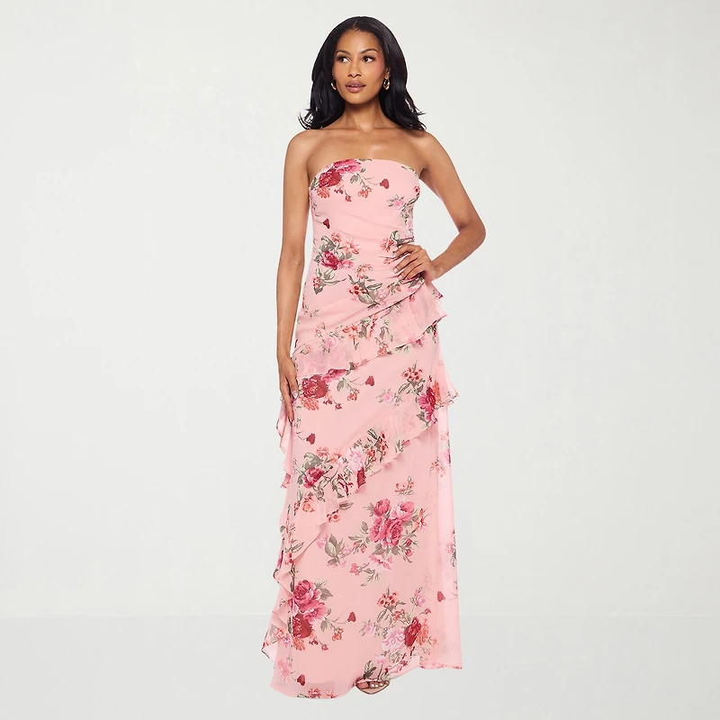 Premier Amour Womens Strapless Floral Fitted Gown